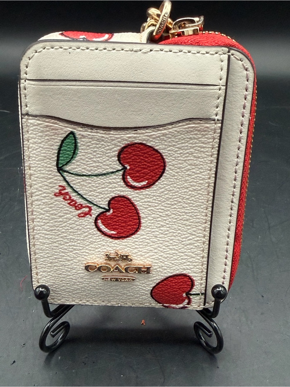 Coach Cherry Heart Zip Card Case Wallet - White with Red Accents